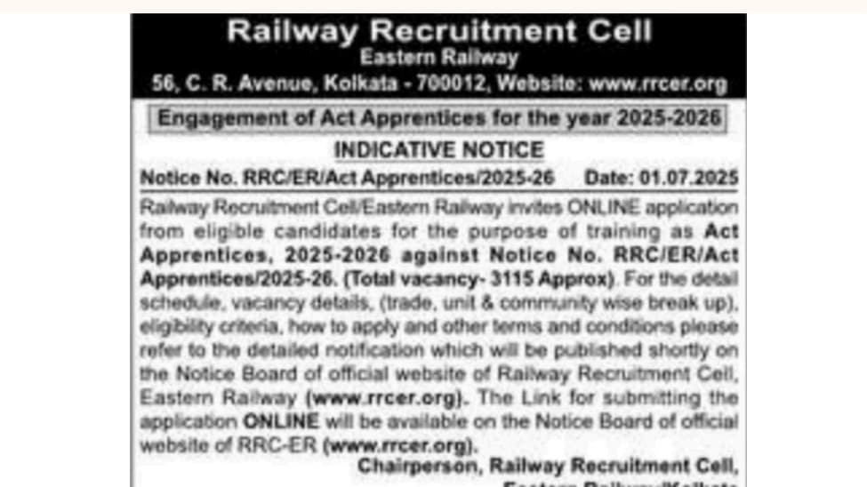 RRC Eastern Railway Apprentice Recruitment 2025